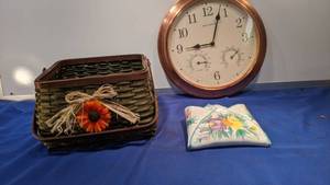 lot 9415 image: basket a clock and ceramic basket