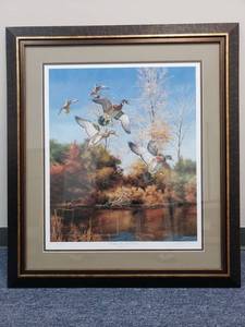 lot 7861003 image: DUCKS UNLIMITED PRINT DROPPING FAST - WOOD DUCKS BY DAVID MAASS