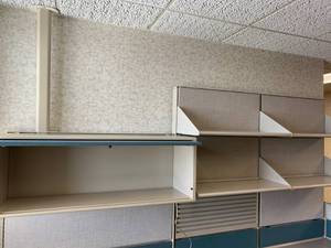 lot 2846 image: Desk overhead cabinet and shelves
