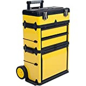 lot 3256 image: Stackable Toolbox Rolling Mobile Organizer with Telescopic Comfort Grip Handle �� Upright Rigid Pack Out Cart with Wheels and Drawers by Stalwart