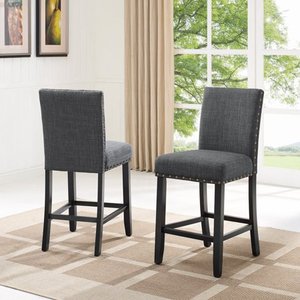 lot 3290 image: Biony Gray Fabric Counter Height Stools with Nailhead Trim, Set of 2