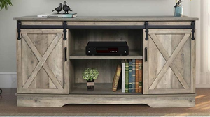 lot 3312 image: GHQME Sliding Barn Door TV Stand��58 Inch Storage Table, Wood Universal Stand��Living Room Storage Shelves Entertainment Center