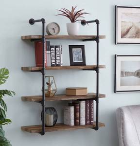 lot 3350 image: Homissue 4-Shelf Rustic Pipe Shelving Unit, Metal Decorative Accent Wall Book Shelf for Home or Office Organizer, Retro Brown