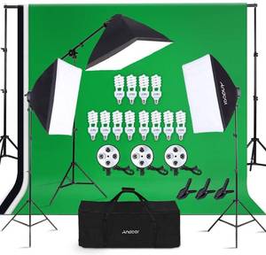 lot 3365 image: Andoer Photography Studio Lighting Kit and 6.6ft x 10ft Background Support System, Including 3pcs Backdrops(WhiteBlackGreen) Screen with 3 pcs 20x28 Inch Softbox for Video, Portrait, Product Shoot
