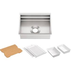 lot 156 image: KOHLER Prolific Undermount Stainless Steel 23 in. Single Bowl Kitchen Sink with Bonus Accessories, Silver