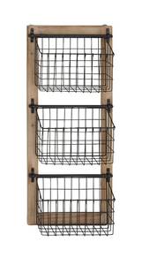 lot 10689 image: Decmode Industrial Wood and Iron 3-Tier Basket Wall Rack, Black