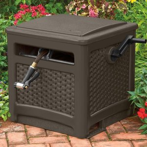 lot 10808 image: Suncast Smart Trak Wicker Garden Hose Reel Guide and Hideaway, Java Brown