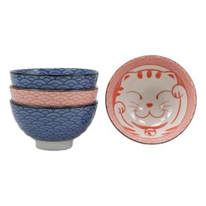 lot 10835 image: Japanese Maneki Neko 4.5D 11oz BLACK Porcelain Rice Bowls Set of 4