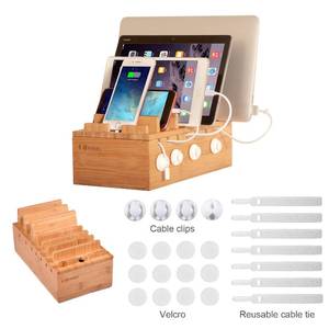 lot 10901 image: Mllieroo Bamboo Multi-Device Charging Station Dock & Organizer for 7-port Smartphones and Tablets with Cable Clips & Cable Ties