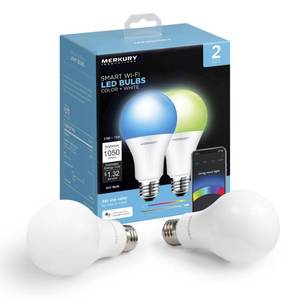 lot 10912 image: Merkury Innovations A21 Smart Color Light Bulb, 75W Equivalent, Requires 2.4 GHz Wi-Fi, 2 Pack