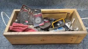 lot 479 image: Wood Box with Misc Garage Items