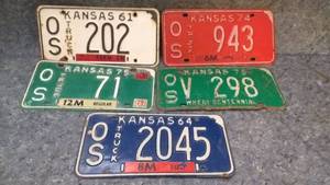 lot 488 image: Lot of 5 Vintage Kansas License Plates