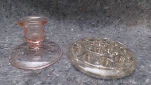 lot 7254 image: Depression Glass Candleholder and Antique Glass Flower Frog
