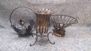 lot 7263 image: Two Ornate Metal Fruit Baskets and a Candle Holder