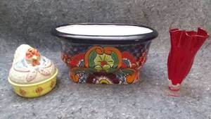 lot 7272 image: Three Decorative Pieces - Includes Depression Glass Vase and Hand Painted Mexican Flow Pot