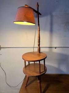lot 1048 image: Round Wood Two Tier Table Lamp Works