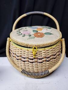 lot 2009 image: Vintage JCPenny Sewing Basket - Embroidered Lid