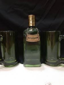 lot 3190 image: Green Glass Bourbon Decanter with matching Green Glass Mugs