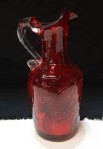 lot 3195 image: Red Crackled Glass Vase with Clear Glass Handle