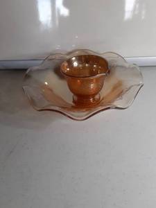 lot 3203 image: Orange Floral Carnival Glass Bowl and Tea Cup
