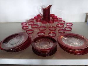 lot 6849 image: Ruby Colored Dish Set Place Setting for 8