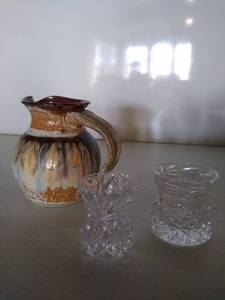 lot 6866 image: Small Pottery Pitcher and 2 Salt Dips