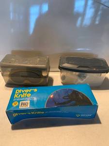 lot 6884 image: Scuba Diving Lot With 2 MasksGoggles and Divers Knife Location Shelf E