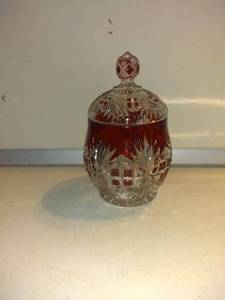 lot 6892 image: Vintage Crystal Cranberry Candy Jar-7x3