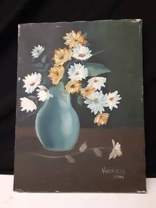 lot 8299 image: Blue, Gold, White Floral Canvas Painting