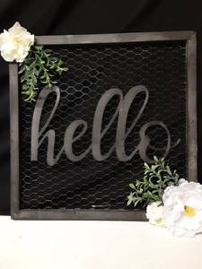 lot 8304 image: Black Metal with Chicken Wire Background Welcome Sign with Faux White Flowers
