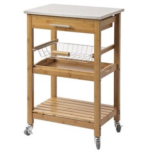 lot 2604 image: Porch & Den Ramsey Bamboo Kitchen Cart with Stainless Steel Top Retail $105.49