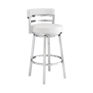 lot 2667 image: Armen Living Madrid Contemporary 26 Counter Height Barstool in Brushed Stainless Steel Finish and White Faux Leather Retail $289.99