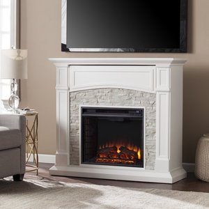 lot 2731 image: Copper Grove Helliwell White Faux Stone Electric Media Fireplace Retail $598.00