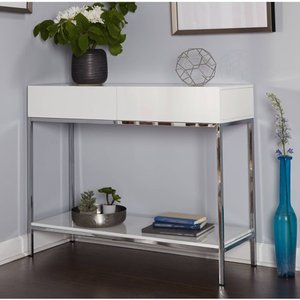lot 2775 image: Simple Living White Wood and Chrome Metal High Gloss Console Table Retail $327.49