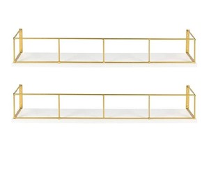 lot 2795 image: Kate and Laurel Benbrook 2-Pack Wood and Metal Floating Wall Shelves, 24 inch, White and Gold, 2 Count