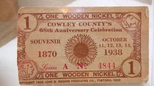 lot 7108 image: COWLEY COUNTY 68th ANNIVERSARY WOODEN NICKEL 1938