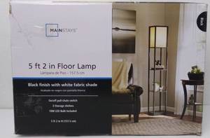 lot 76240 image: Mainstays Black Shelf Floor Lamp with White Shade