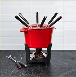 lot 76288 image: Crate And Barrel Red Cast Iron Fondue Set