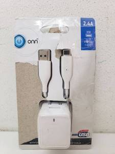 lot 76292 image: onn. USB Wall Charger with USB to USB-C 2.0 Sync & Charge Cable, White