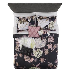 lot 76314 image: Mainstays Black Floral 10-Piece Bed in a Bag Bedding Set wBONUS Sheet Set  Pillows, Queen