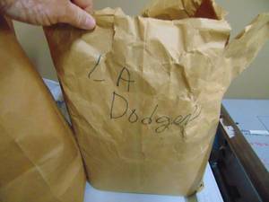 lot 1349 image: LA Dodgers Large paper Grocery Sack of Baseball Cards - 80s - 90s