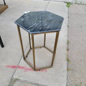 lot 41 image: Marvel end table black and white with with brass legs hexagon shape