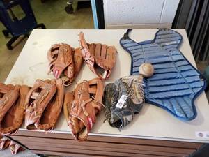 lot 3098 image: Lot of Baseball Gloves and Catcher Chest Protector