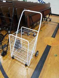 lot 3195 image: White Metal Wire Basket on Wheels