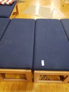 lot 3182 image: Lot of 2 Wooden Benches with Blue Cushions