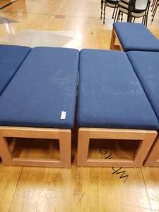lot 3181 image: Lot of 2 Wooden Benches with Blue Cushions