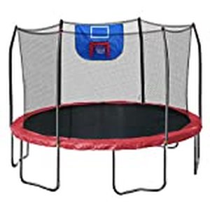 lot 1868 image: Skywalker Trampolines Jump N Dunk Trampoline with Safety Enclosure and Basketball Hoop, Red, 12-Feet