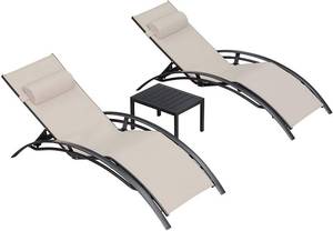 lot 1904 image: PURPLE LEAF Patio Chaise Lounge Sets 3 Pieces Outdoor Lounge Chair Sunbathing Chair with Headrest and Table for All Weather, Beige