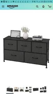 lot 1911 image: Dresser with 5 Drawers, Fabric Storage Tower, Organizer Unit for Bedroom, Hallway, Entryway, Closets, Sturdy Steel Frame, Wood Top, Easy Pull Handle