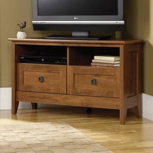 lot 1921 image: Sauder August Hill Corner Entertainment Stand for TVs up to 40, Oiled Oak Finish